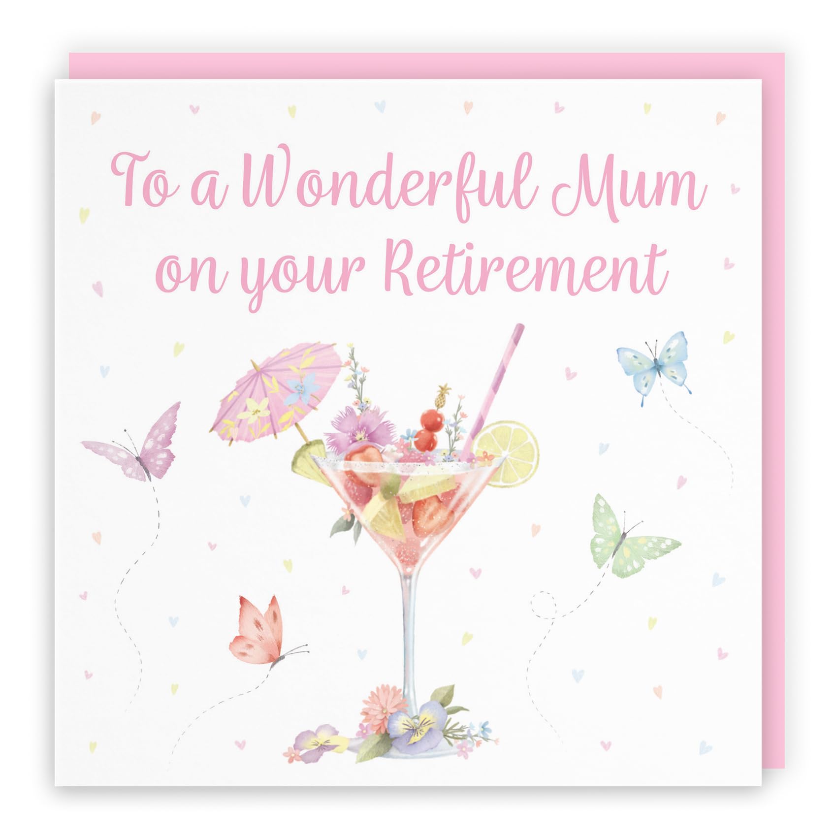 Hunts England - Pink Cocktail And Butterflies Elegant Retirement Card For Mum - Milo's Gallery - Drinks, Flowers, Hearts Mum Retirement Card - Retiring Card For Mum