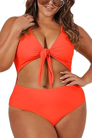 Haloon Women S Plus Size V Neck Tie Front Cutout One Piece Swimsuits Swimwear At Amazon Women S Clothing Store