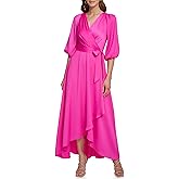 DKNY Womens Balloon Sleeve Satin Faux Wrap Maxi Dress
