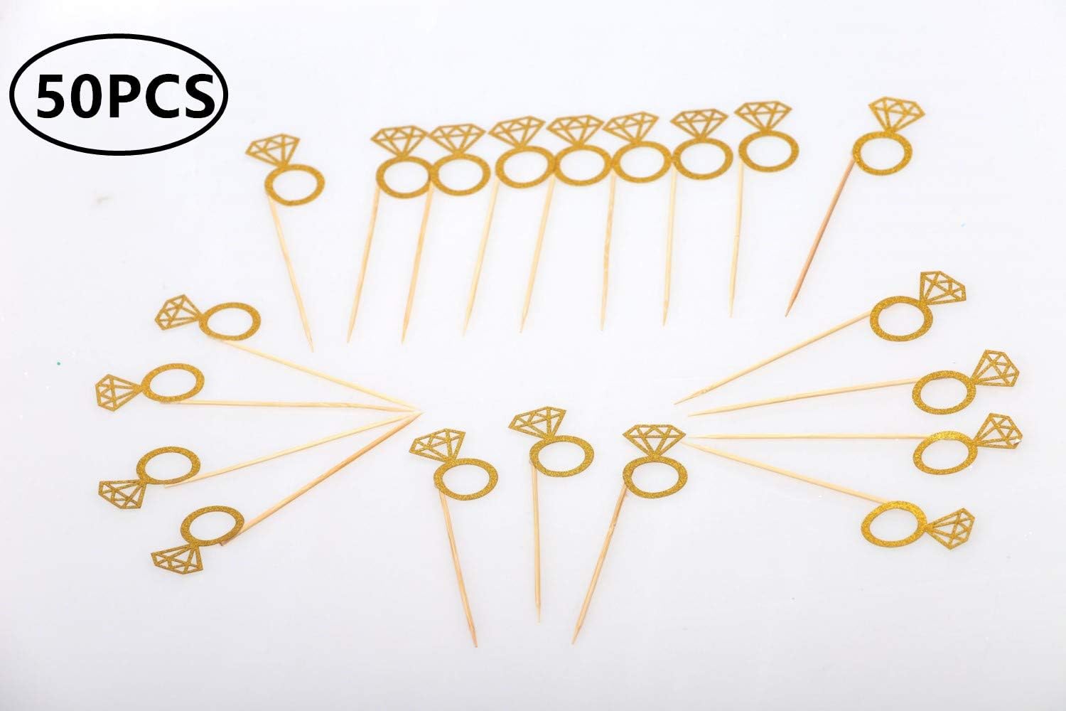 50 Pack Cupcake Toppers Gold Glitter Mini Diamond Ring Cakes Toppers for Marriage Engagement Anniversary Birthday Valentines Party Cake Decor By ZiYan