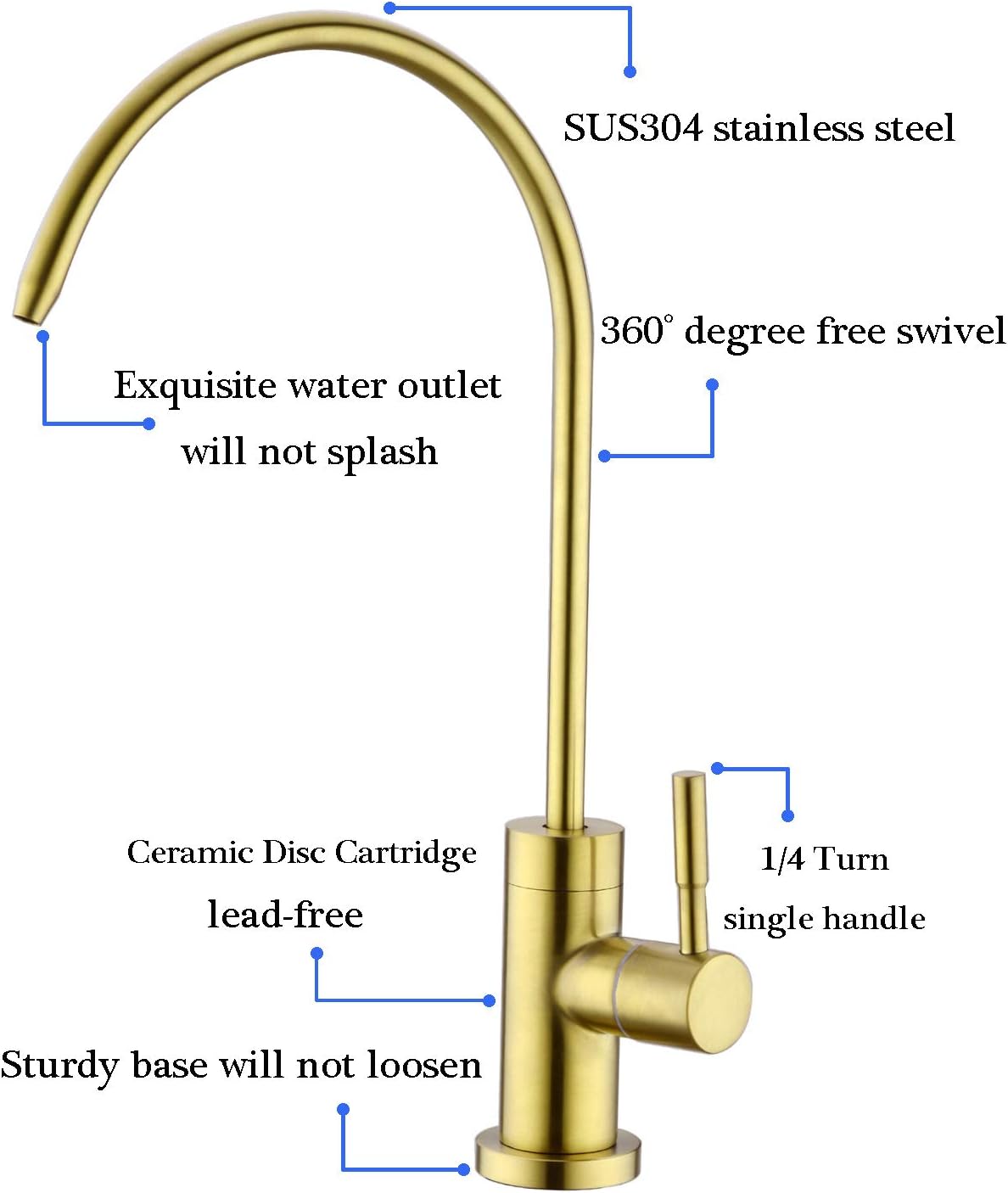 Anpean Drinking Water Faucet, Lead-Free, SUS304 Stainless Steel Kitchen Water Filter Faucet for Reverse Osmosis and Water Filtration Systems, Brushed Gold - - 