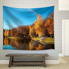 Golden Autumn in City Park with a Pond for Sunny Weather. - Fabric Wall Tapestry Home Decor - 51x60 inches