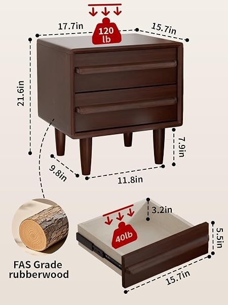 SOLID OAK WOOD NIGHTSTAND, MID-CENTURY MODERN BEDSIDE TABLE WITH 2 DRAWERS, CURVED PROFILE END TABLE WITH STORAGE & SOLID WOOD FEET FOR BEDROOM, EASY ASSEMBLY, DARK WALNUT COLOR (15.7″DX17.7″WX21.6″H