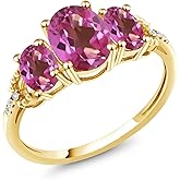 Gem Stone King 10K Yellow Gold Pink Mystic Topaz and Diamond 3-Stone Engagement Ring | 2.34 Cttw | Oval 8X6MM and 6X4MM | 3 Stone Wedding Anniversary Promise Ring For Women