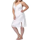 Women's Plus Size Full Slips Lace Chemise Lingeries Sexy Front Slit Negligees Silky Nightgown Sleepwear
