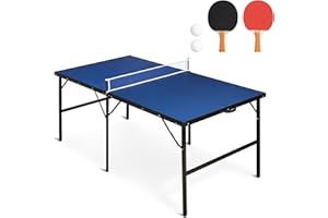 REAHOISY 6x3FT Portable Ping Pong Table, Indoor Outdoor Mid Size Foldable Table Tennis Table, Table Tennis for Rec Room w/ 2 Paddles, 2 Balls, Game Net and Adjustable Feet, Sturdy Iron Frame