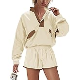 LAMISSCHE Oversized Shorts Sets Women 2 Piece Outfits Long Sleeve Sweatshirts & Shorts Workout Sets with Pockets(Lt Yellow&Brown,M)