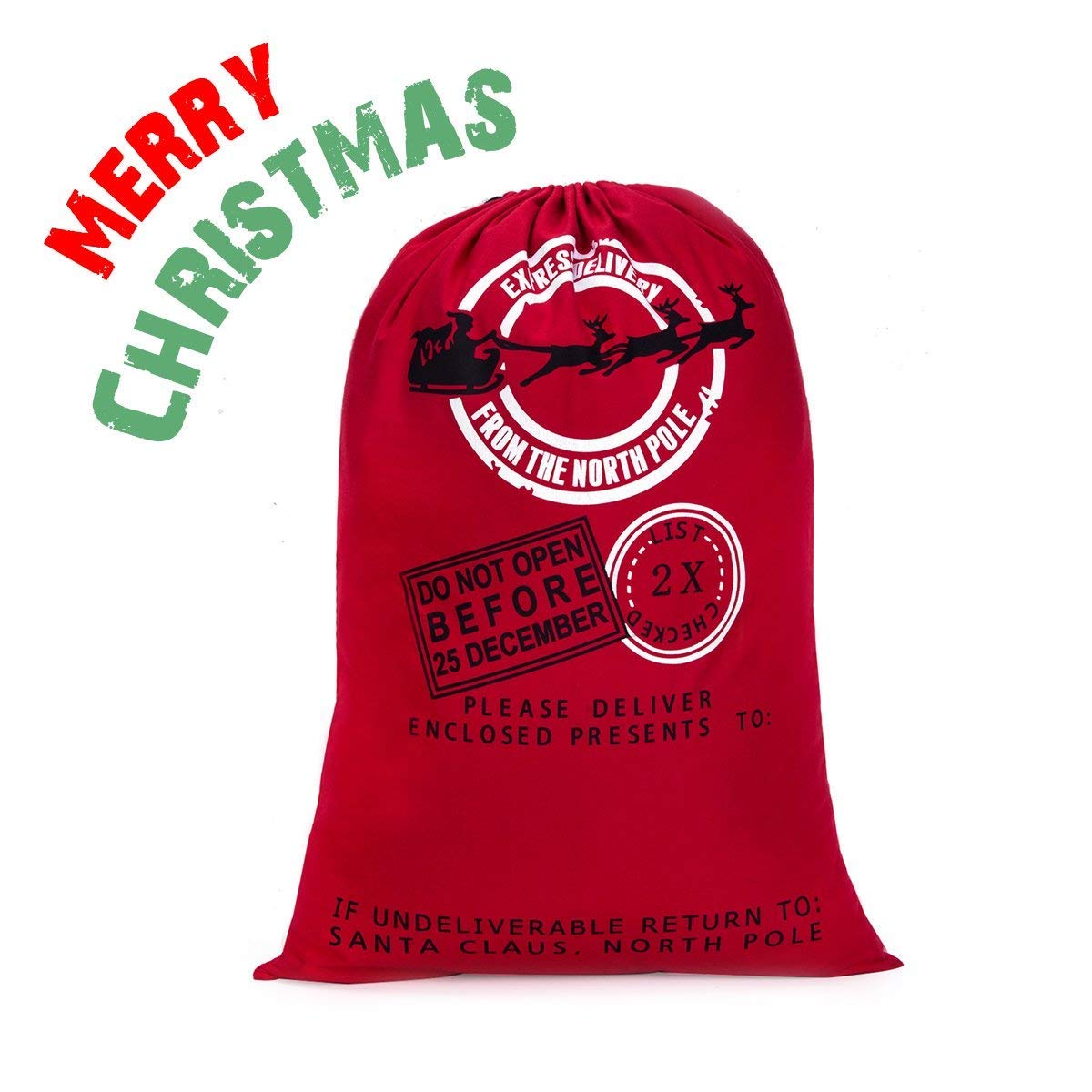 Ausein Christmas Sack Large Bag, Xmas Sacks, North Pole Mail Hessian Santa Stockings Sack, Personalised Name Space Large Storage Bags - 70 x 50 cm/ 28 x 20 inch Red