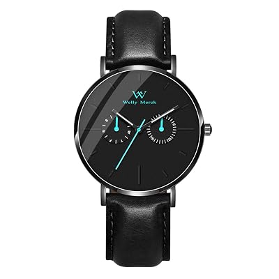 Welly Merck Men Watch Waterproof with Luminous Hands 40mm Minimalist Watch Case with Two Small Subdials Interchangeable Strap,Custom Watches