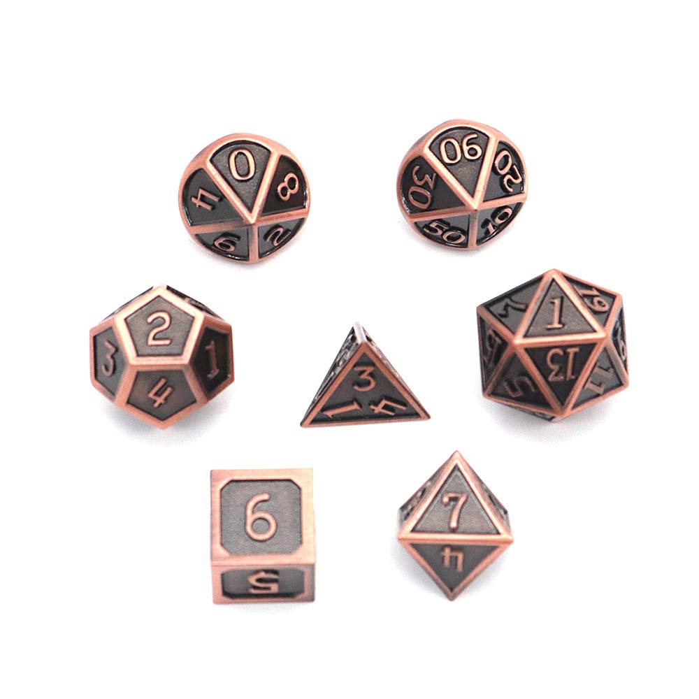 DollaTek 7 PCS Metal Dice Set DND Game Polyhedral Solid Metal D&D Dice Set with Storage Bag and Zinc Alloy with Enamel for Role Playing Game Dungeons and Dragons (Antique Hanging Plated Copper Red)