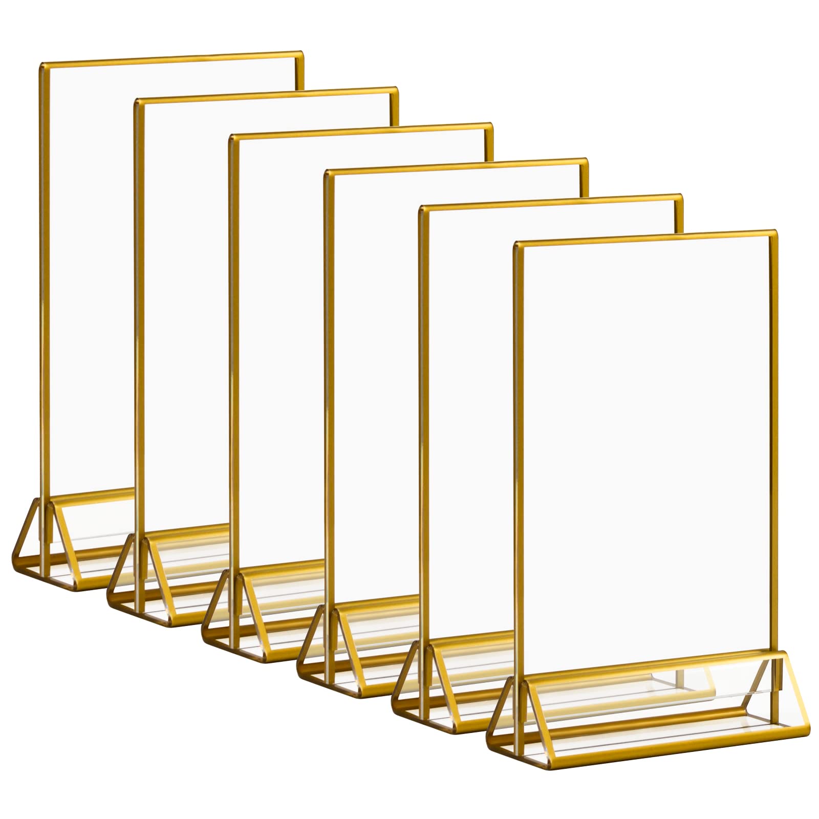 Photo 1 of Acrylic Gold Sign Holders, 5x7 Vertical Clear Picture Frames with Gold Borders,Double Sided Table Menu Display Stand for Restaurant Signs, Wedding Table Numbers, Photos and Art Display - 6 Pack