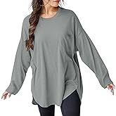 VNIRA Oversized Long Sleeve T Shirts for Women Side Split Round Hem Crew Neck Cotton Work Out Casual Fall Tunic Tops