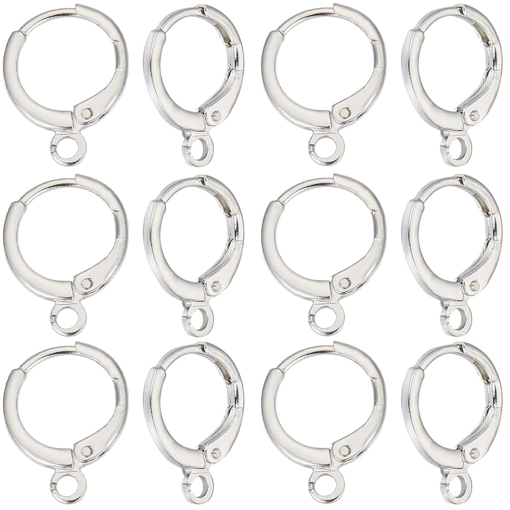 SUNNYCLUE 1 Box 50Pcs Round Leverback Earring Hooks Brass Huggie Hoop Earrings Silver French Ear Wire Hook Dangle Lever Backs Earwires with Loop for Jewellery Making Earring Findings DIY Crafts Women
