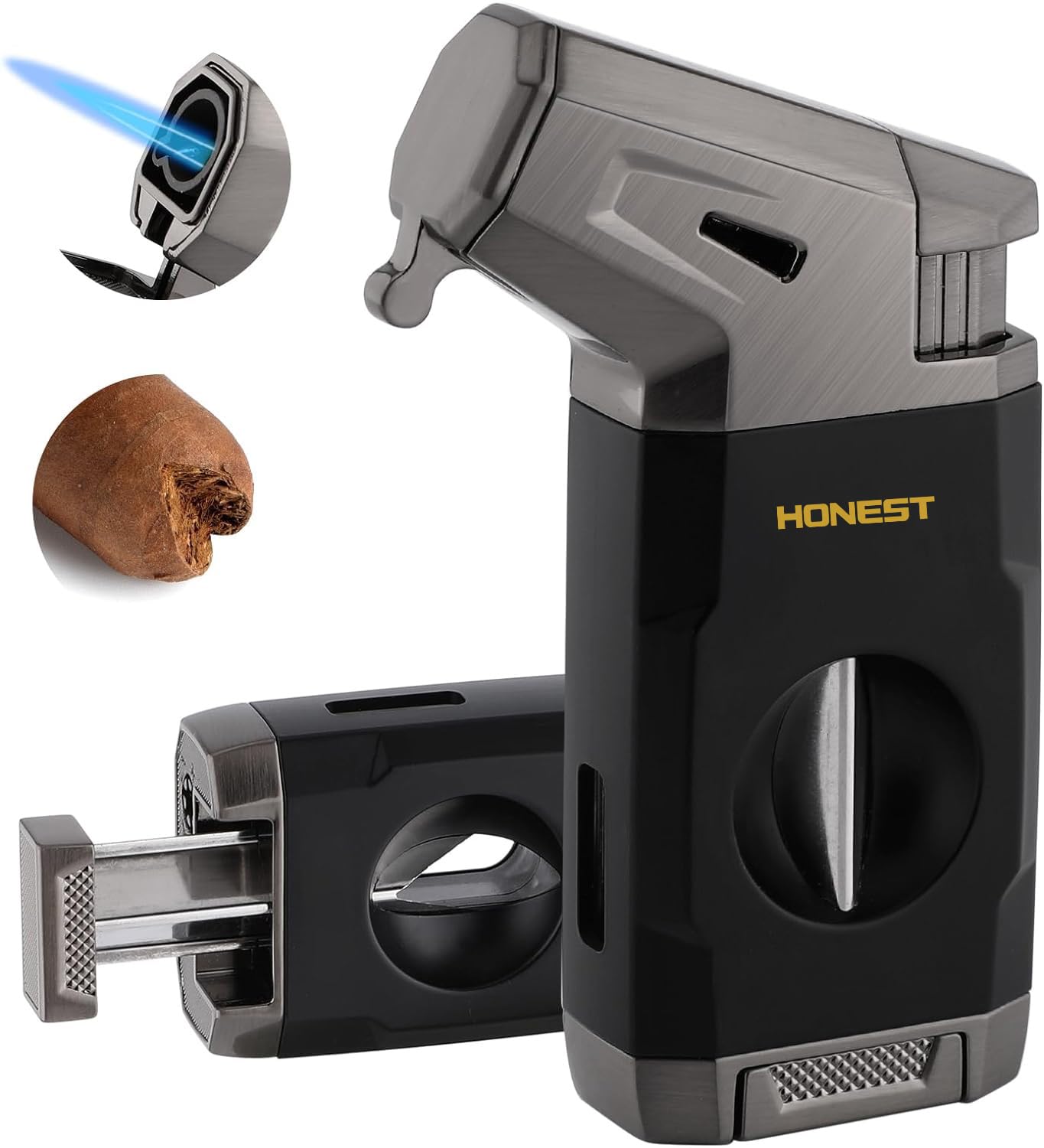 HONEST Torch Cigar Lighter with Windproof Jet Flame Built-in V Cigar Cutter Box for Christmas Refillable Butane Torch Lighters All-in-one Cool Lighters for Smoking Cigars (Black)