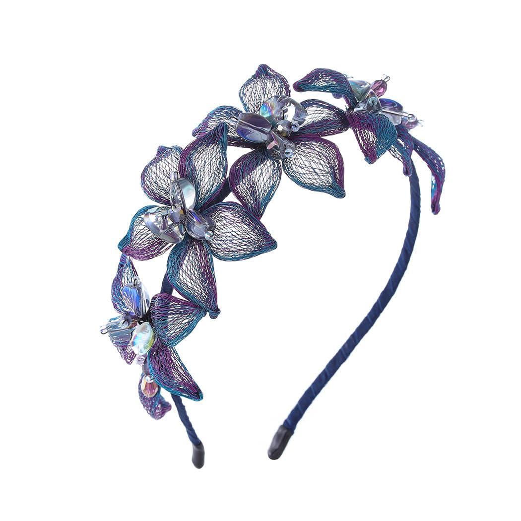IYOU Copper Wire Headband Blue Flower Hair Bands Crystal Elegant Prom Wedding Hair Accessories for Women