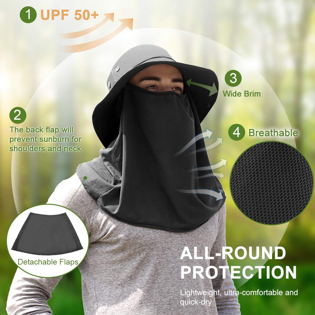 VBIGER Sombrero de Sol Protección UV para el Verano ala Ancha Pesca Plegable Sombreros con Solapa Extraíble y Malla Transpirable (Gris Oscuro)