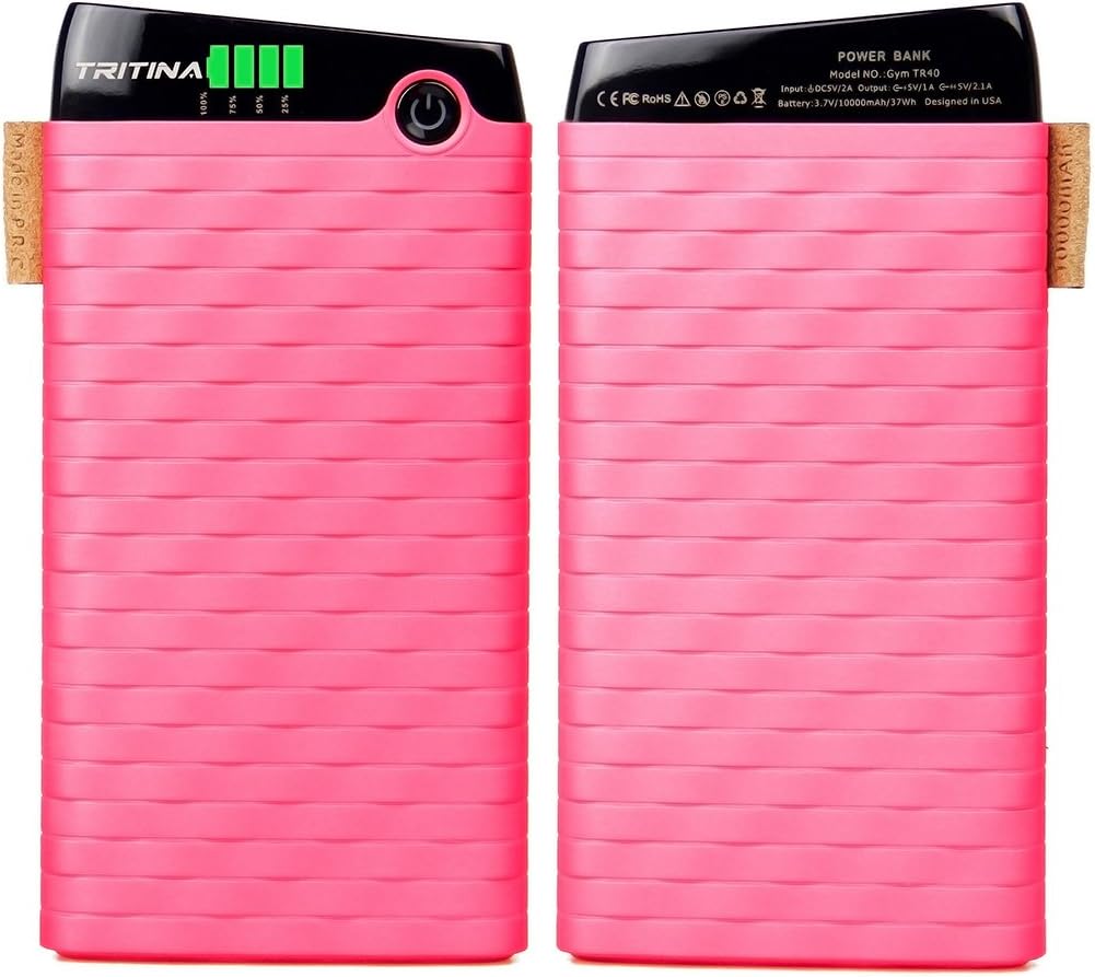TRITINA Bank Power 10000mah Slim and Light Top Grade External Polymer Battery Cell,Anti Fire Case,Dual-port Input 2.1a, Output 3.1a, LCD Indicator,for iphone,Samsung and More(Pink)