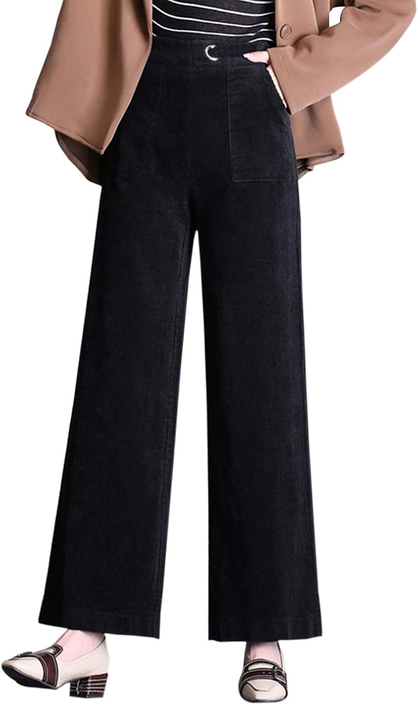 Women's Vintage Corduroy Elastic Waist Wide Leg Pull-On Pants (Black, XS) at Amazon Womenâs 
