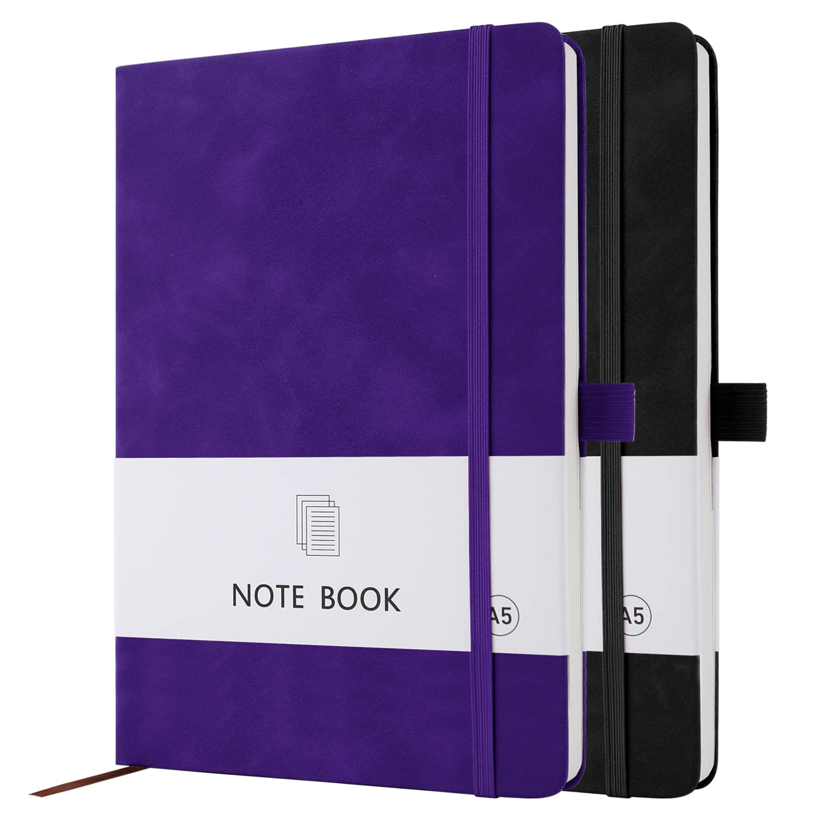 A5 Notebook, 2 Pack Notebook A5 200 Pages 100 GSM Journal Notebook Hardback Notepad with Bookmark, Pen Loop, and Elastic Closure (Black+Purple)