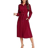 LUSMAY Women's Casual Button Down Belted Shirt Dress Long Sleeve Flowy A Line Dresses with Pockets