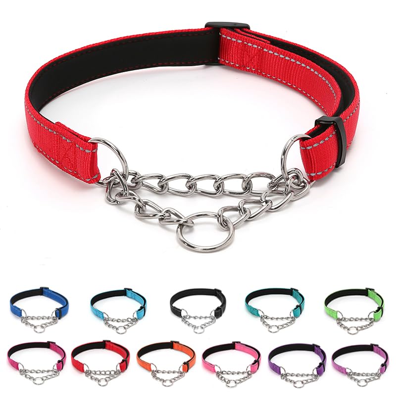 LOS ANDES Dog Choke Collar Martingale with Limited Chain, Soft Padded No Pull, Reflective Training Collars for Large, Medium and Small Dogs(S:Neck 25-45cm,Red)
