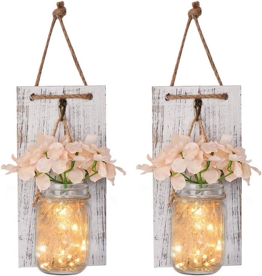 Mason Jar Sconces with LED Fairy Lights - Handcrafted Hanging Mason Jar Sconces Wall Decor (2-Pack)