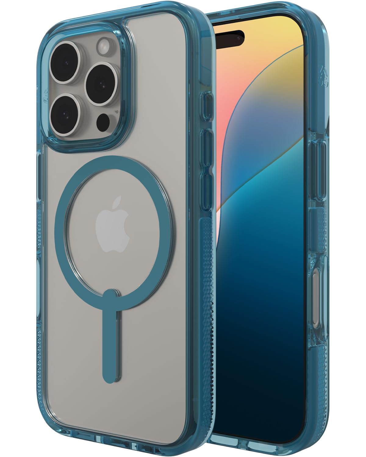 ZAGG Santa Cruz Snap Case for iPhone 16 Pro – MagSafe Compatible, 13ft Military-Grade Drop Protection, Graphene Reinforced, Lightweight, 70% Recycled Content, Clear with Color Accents, Retro Blue Image