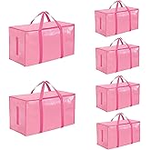 6 Pack-Extra Large Heavy Duty Moving Bags - Waterproof Storage Totes with Handles & Zippers, Foldable for College Dorm, Storage (Pink)