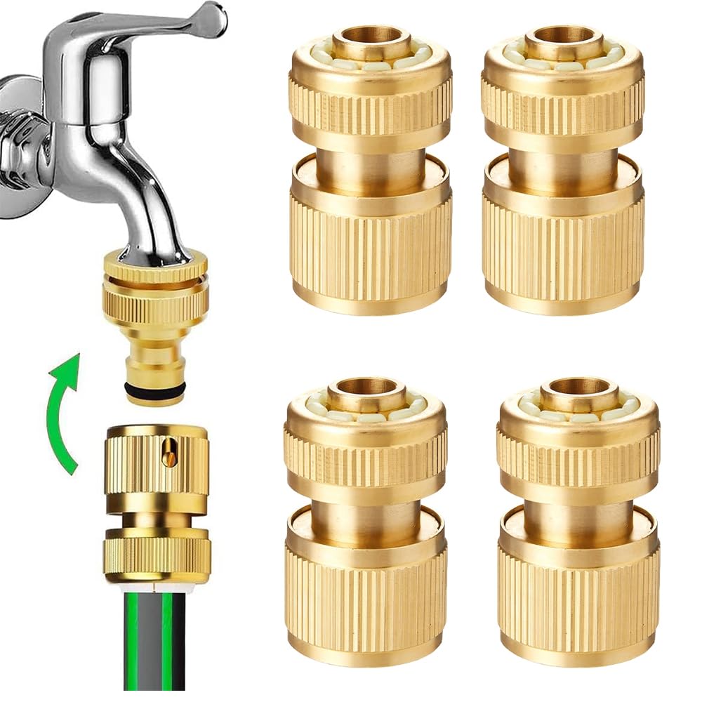 Uni-Fine 4 Pieces 1/2 Inch Garden Hose Quick Connector Brass Quick Hose End Connector Garden Hose Nozzle Connect Kit for Kitchen Garden Outdoor Hose Pipe Tool