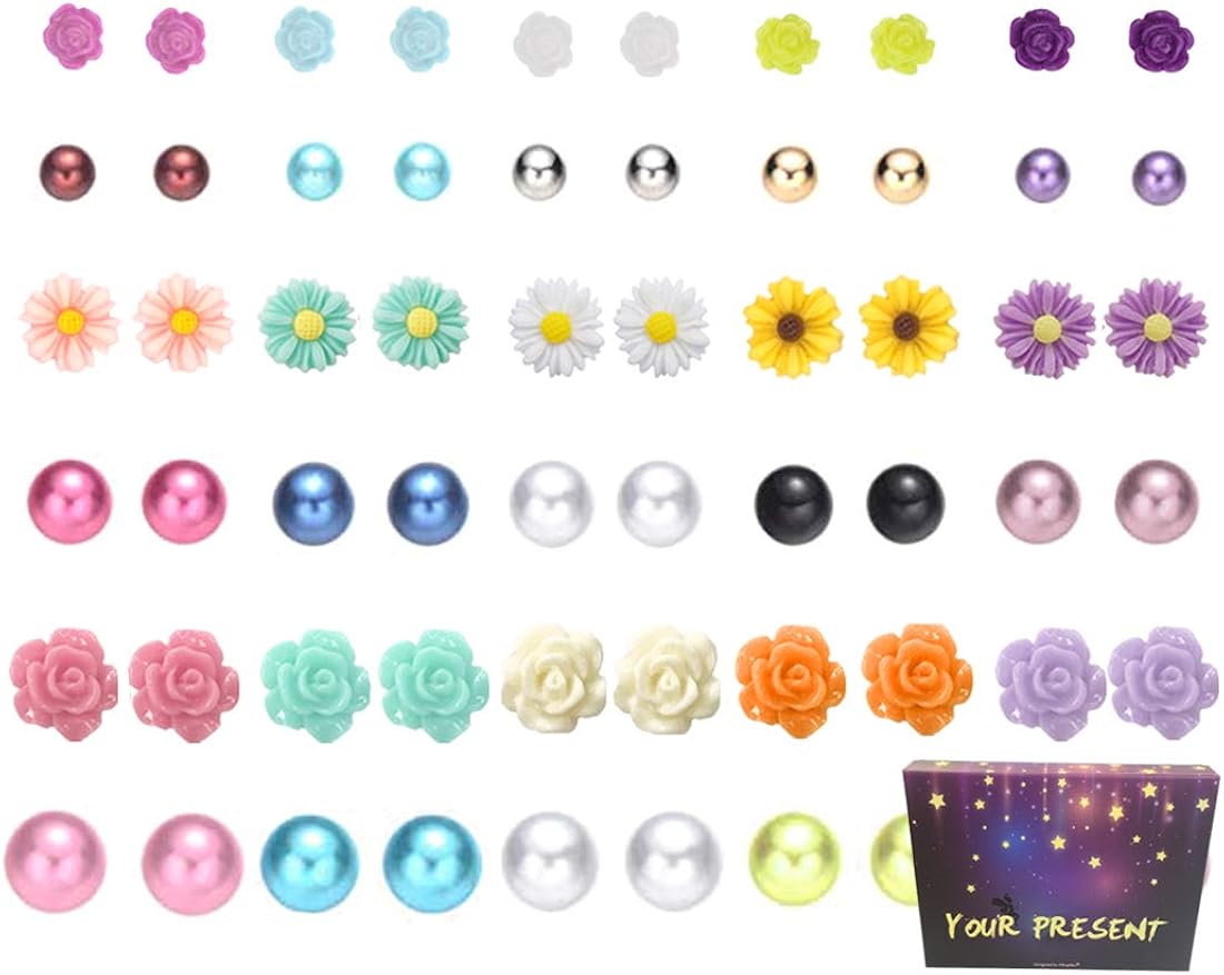 30 Pairs Mix Pearls Ball Daisy Rose Flower Assorted Earrings Studs Set, Hypoallergenic