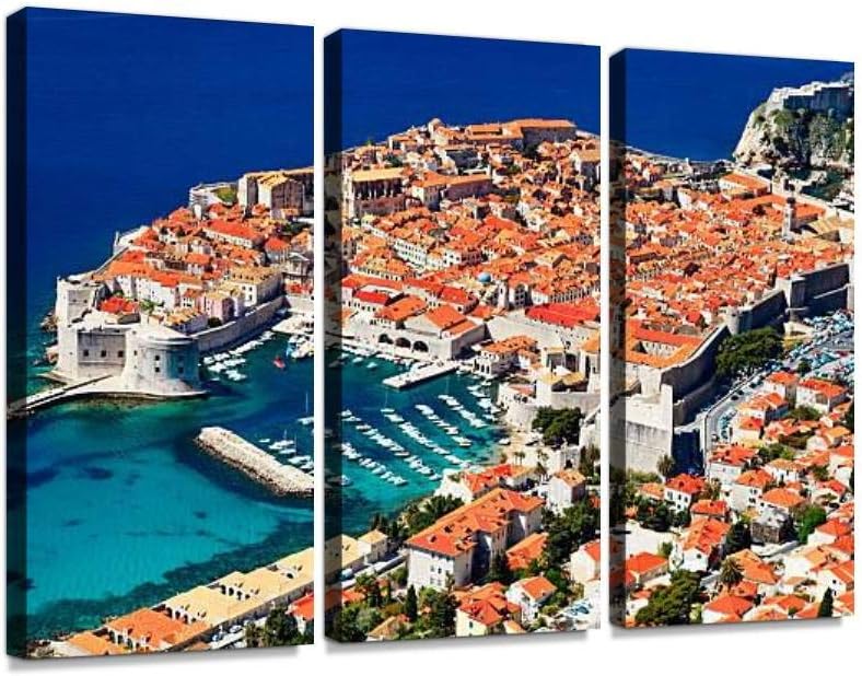YKing1 Sunny Day Aerial View of Old Town Dubrovnik, Croatia Wall Art Painting Pictures Print On Canvas Stretched & Framed Artworks Modern Hanging Posters Home Decor 3PANEL