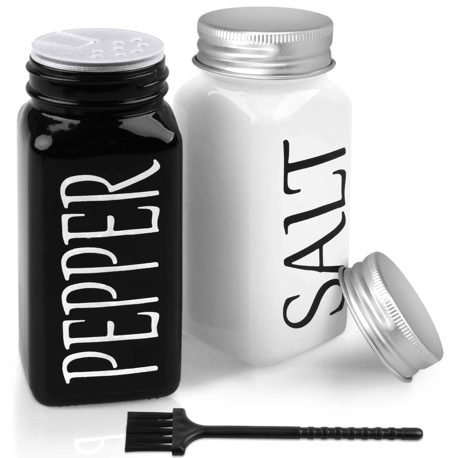 Photo 1 of 2 Pack Salt and Pepper Shakers Set, Farmhouse Style Salt and Pepper Shakers, Vintage Glass and Stainless Steel Lid (Black and white)