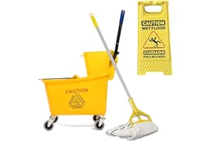35Qt Commercial Mop Bucket with Side Press Wringer on Wheels, Yellow, Industrial Floor Cleaning Set, Including Wet Floor Caut