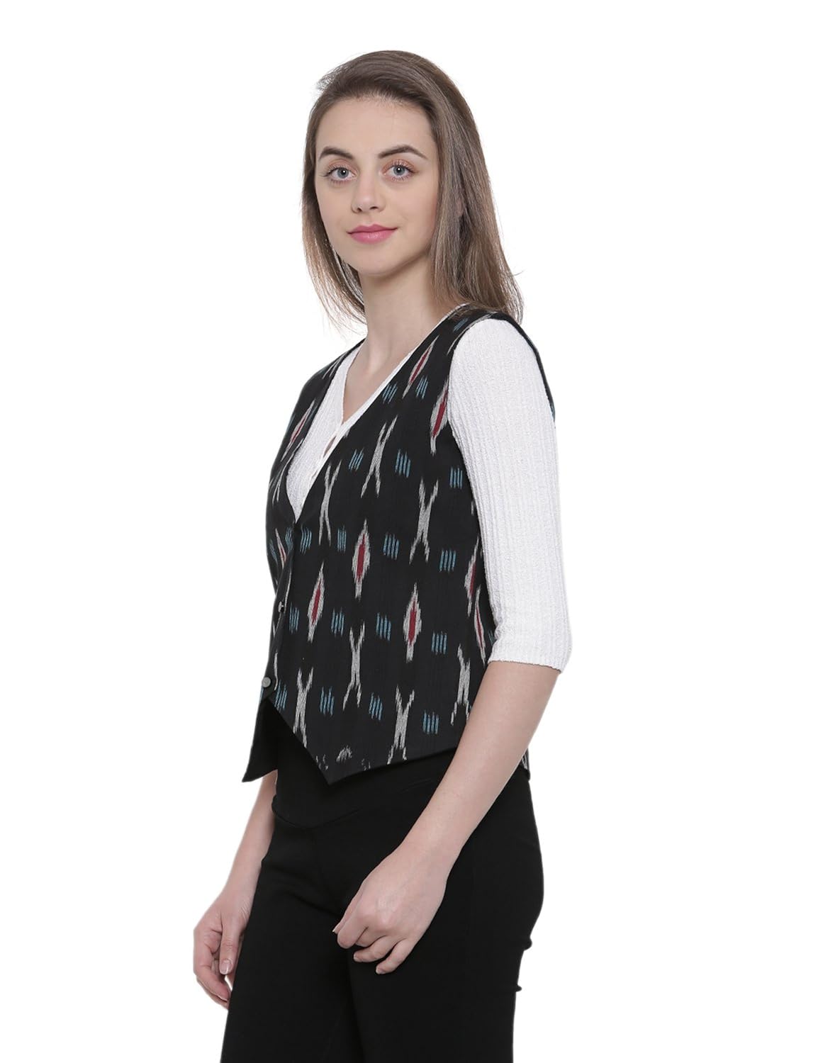 soochirang women's ikat hand woven sleeveless cotton short waist coat