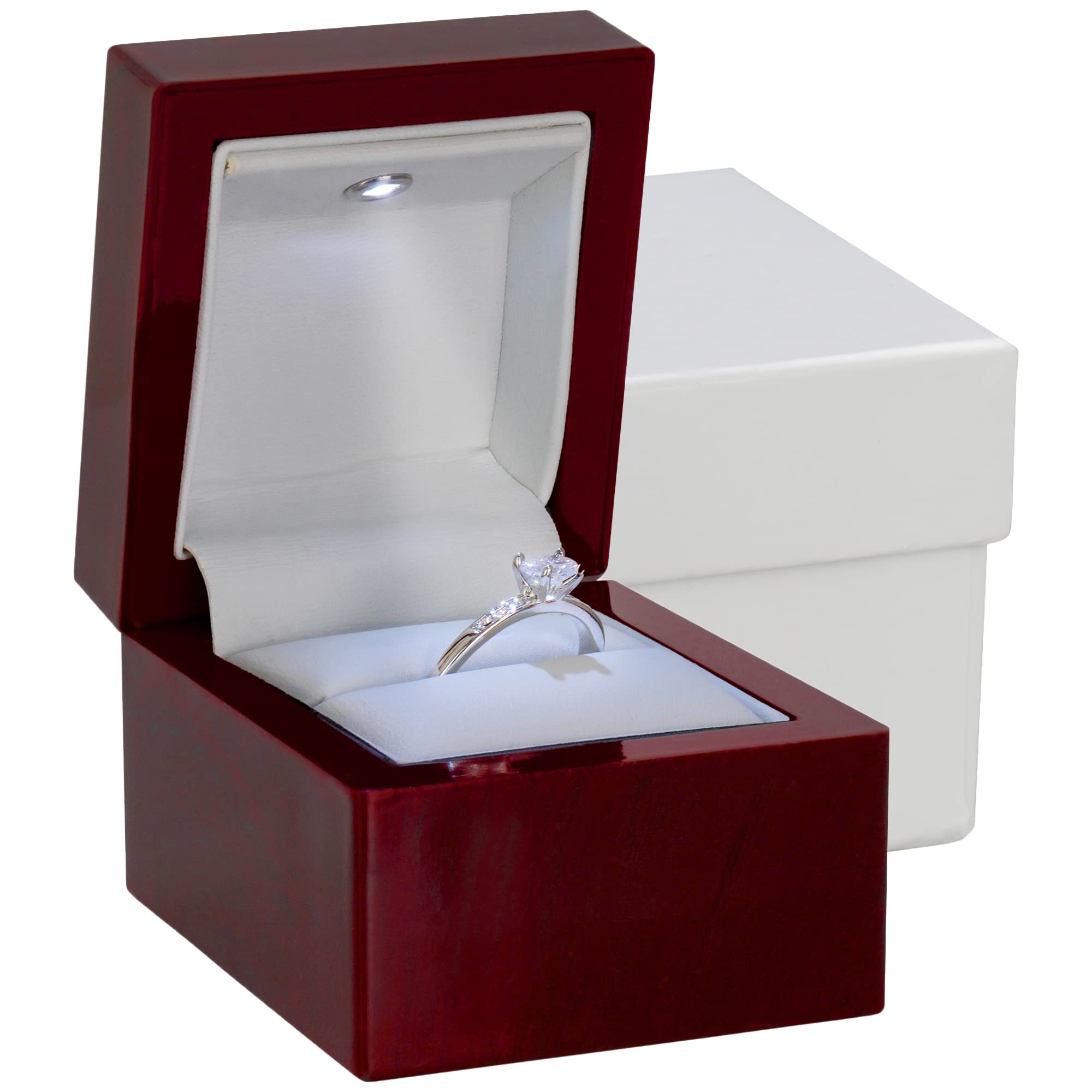 Noble Cherry Ring Box with Light - Unique LED Engagement Ring Box for Proposal Ring or Special Occasions (Mahogany/White Insert)
