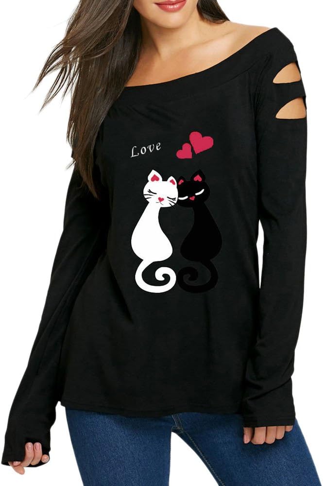 Misaky Blouse for Women, Winter Fashion Off Shoulder Cat Love Prints Shirt Long Sleeve Tops