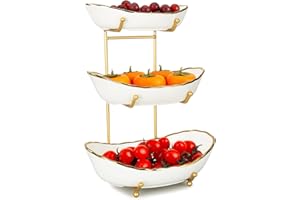 MEIGLQEA White Ceramic Fruit Bowl with Metal Stand, 3 Tier Modern Fruit Bowl Fruit Tray for Kitchen Counter, Tiered Fruit Bas
