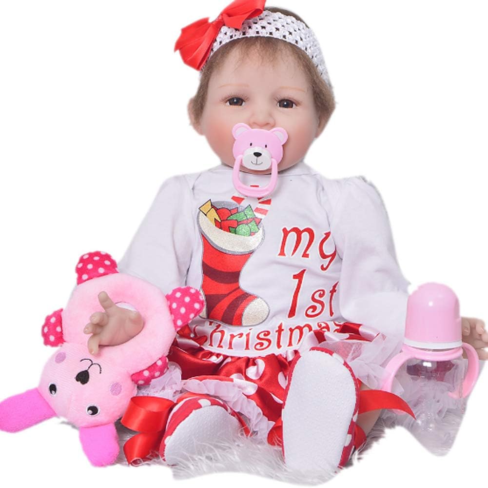 Prezzo JTYX DOLLS 22inch/55cm Rinato Bambino Bambola di Simulazione in Silicone Morbido Occhi Marroni Capelli castani Ragazza Regalo per Bambini (Non Lavabile),Color1,55cm Offerte