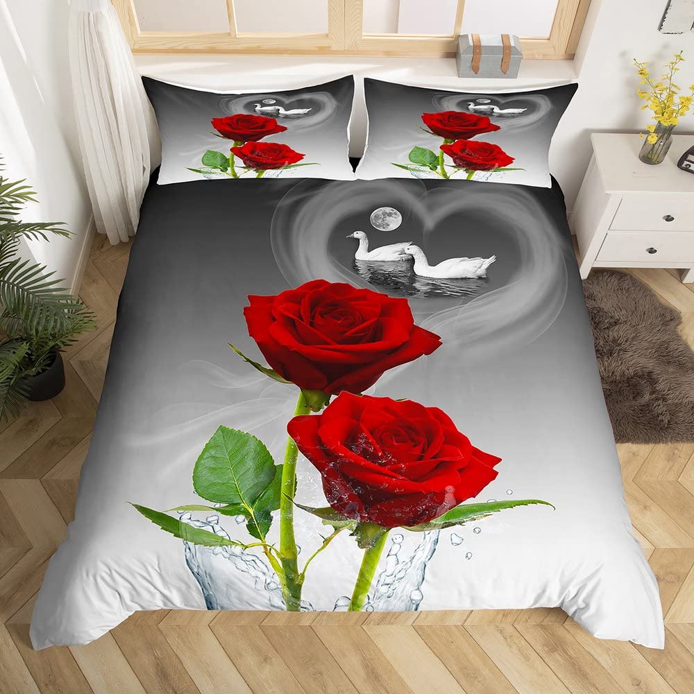 Loussiesd Red Rose Duvet Cover Swans Couple Comforter Cover Romantic Rose Floral Bedding Set For Men Women Lover Valentine's Day Bedspread Cover Ultra Soft Double Size Zipper Boys