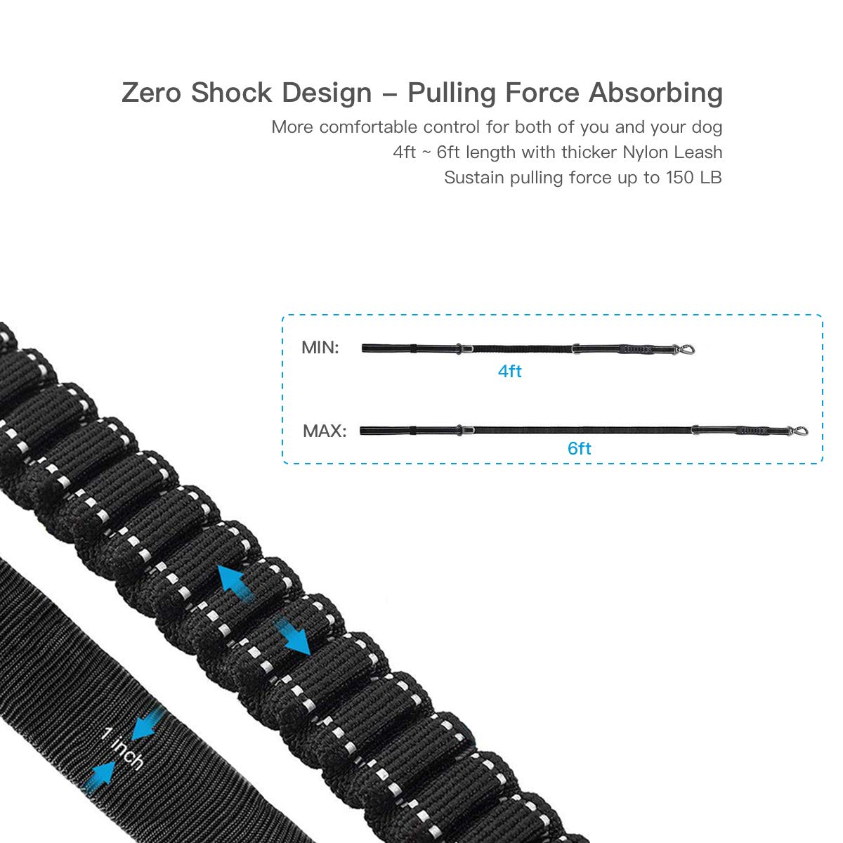 Loki Loki Bungee Dog Leash with Car Seat Buckle, Improved Comfort and Safety Bungee Dog Leash - 2 Soft Padded Handles, Reflective Threads, Max. 6FT Durable Leash