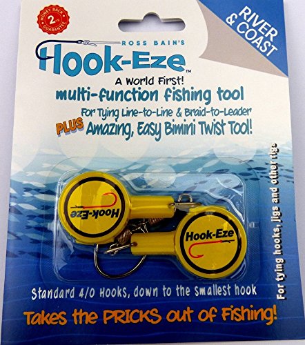 Hook-Eze Fishing Tool Yellow - 1 Twin Pack - Hook Tieing & Safety Device + Line Cutter - Tie Swivels Cover 2 Poles Manufacturer Warranty - Arthritic Disability Saltwater Freshwater + Hook Remover