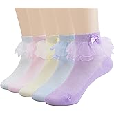 Looching Baby Girls Eyelet Frilly Lace Socks Toddler Girl Cotton Princess Ruffles Socks with Bowknot Pack of 5