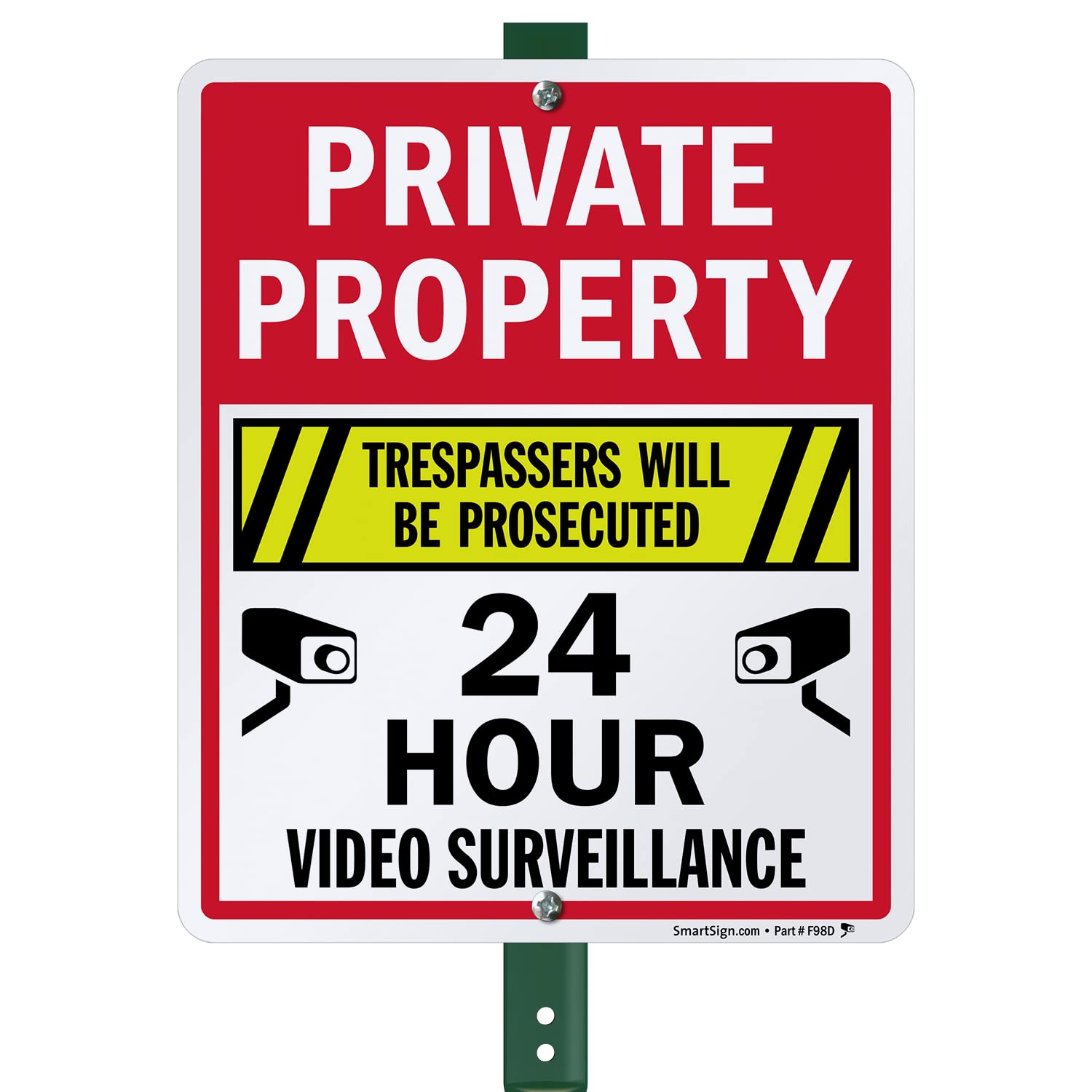 SmartSign “Private Property - 24 Hour Video Surveillance, Trespassers Will Be Prosecuted” Sign for Lawn | 12" x 10" 3M Engineer Grade Reflective Aluminum Sign with 3' Stake