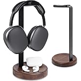 GEVO Headphone Stand for Desk - Walnut Wood & Aluminum Headset Stand, Universal Wooden Gaming Headphone Holder for AirPod Max, Bose, Sony, Razer, Jabra, JBL (Walnut Circular Base)