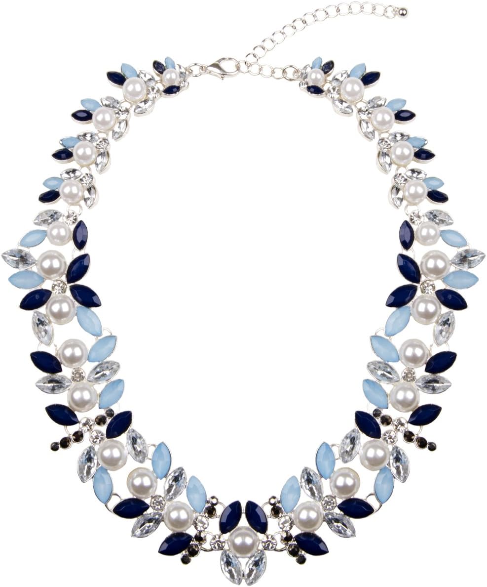ADORNING AVA Statement Silver Crystal Necklace | Navy Blue Pearl Choker | Vintage Flower Collar Gifts Under 20
