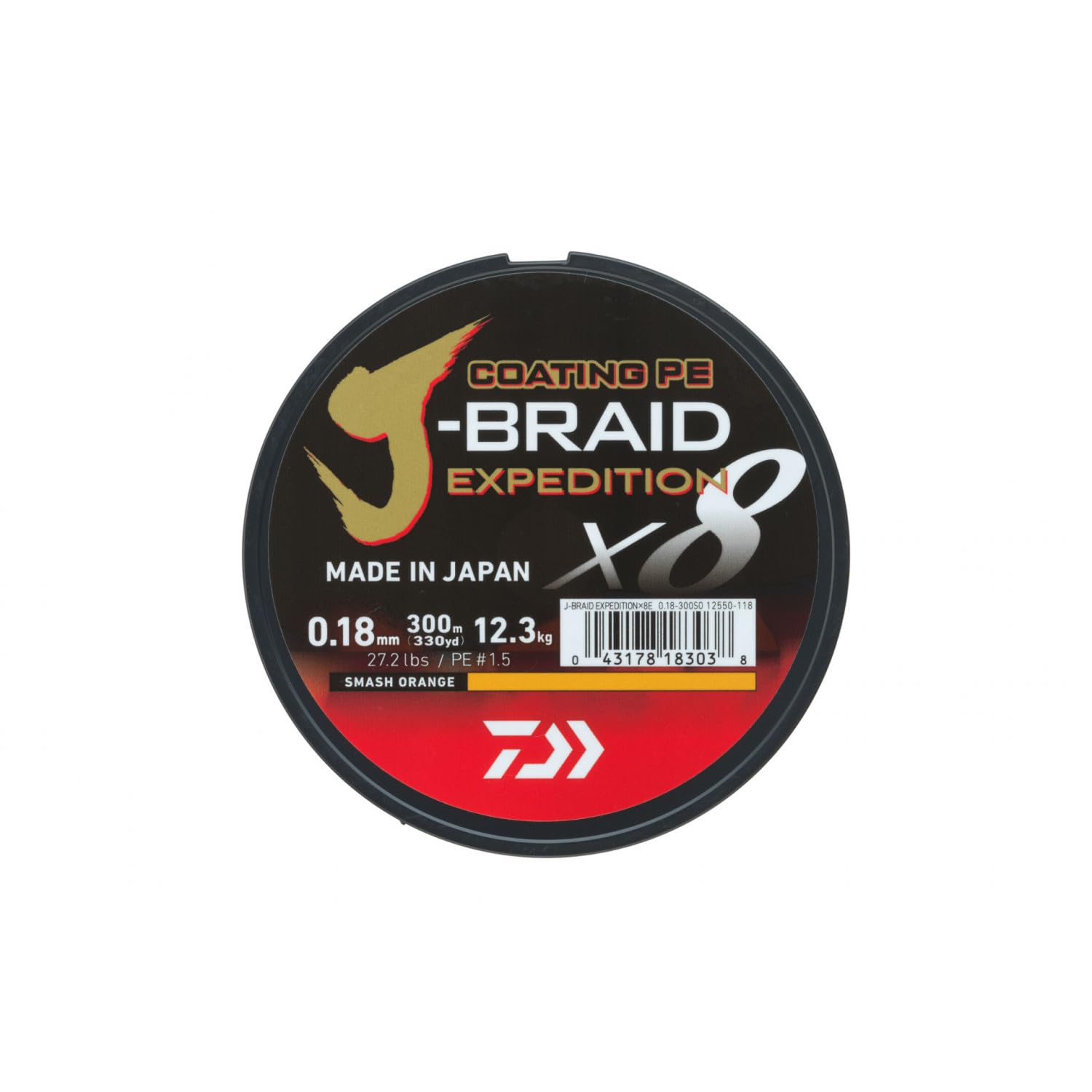 DAIWA J-Braid Expedition X8E, 0.15mm, 9.8kg/21.6lbs, 300m, Smash Orange, Braided Line, Fishing Line, 12550-116