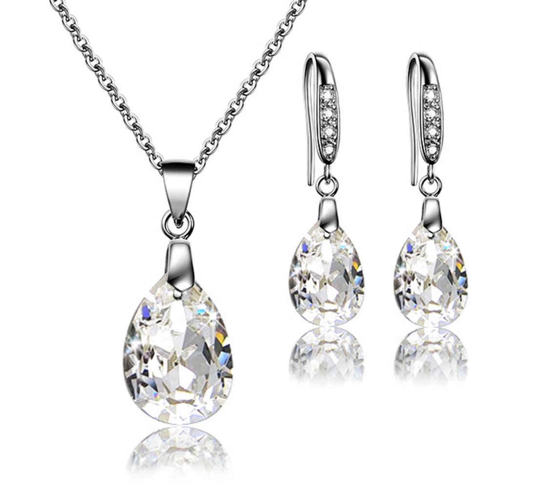 Sreema London-Women's Girls Jewellery/Water Drop 925 Sterling Silver Pendent Chain(41-46 cm) Necklace & Drop Earrings - One Set with Gift Box