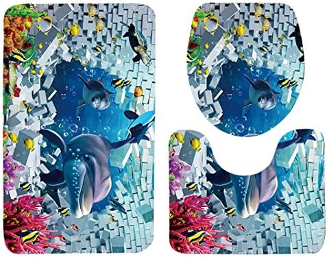 Asnlove, set of 3 pieces bathroom mats, rectangular bath mat 75 cm x 45 cm, bath mat/toilet lid/toilet seat set, mat with 3D pattern, Polyester, Tiefseefisch, Badvorleger 75 x 45 CM