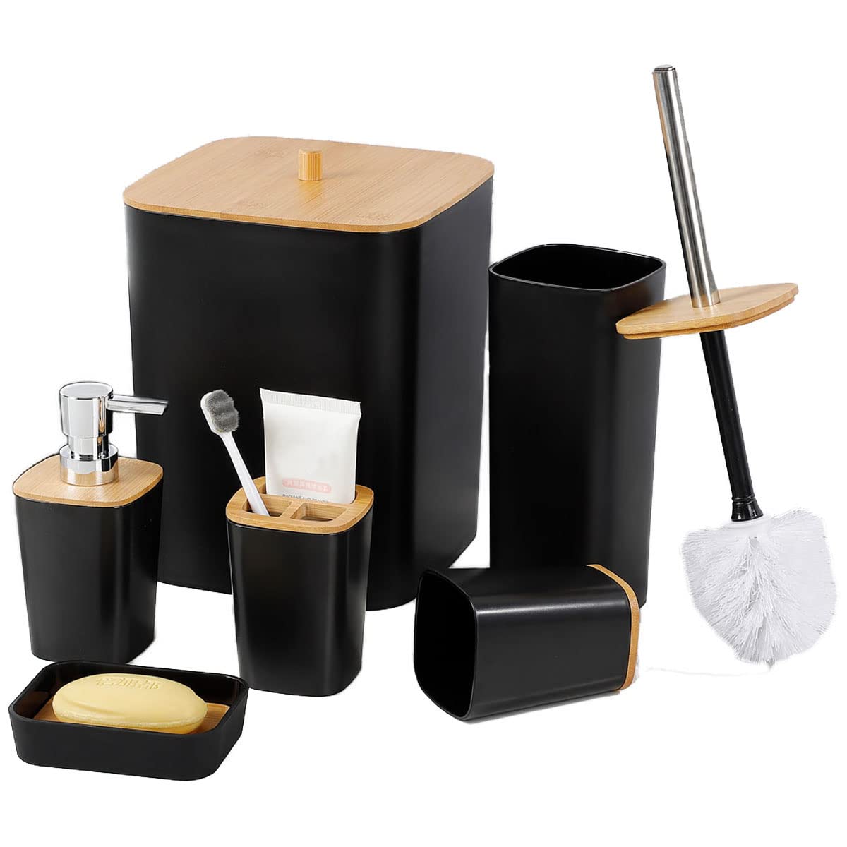 JETAINE 6 Pieces Bamboo Bathroom Accessories set, Luxury Modern Bathroom Accessory Bath Set, Black Toilet Accessories w/Trash Can, Toothbrush Holder Cup, Soap Dish Holder, Soap Dispenser Gift