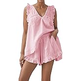 Xfileen Women Ruffle 2 Piece Sets Summer Lace Patchwork Sleeveless Top and Shorts Cotton Pajama Sets